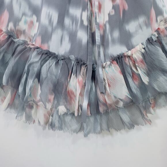 Rebecca Taylor Silk Floral Ruffle Hem Dress Gray Pink Tie Waist Long Sleeve 100% - Picture 8 of 15